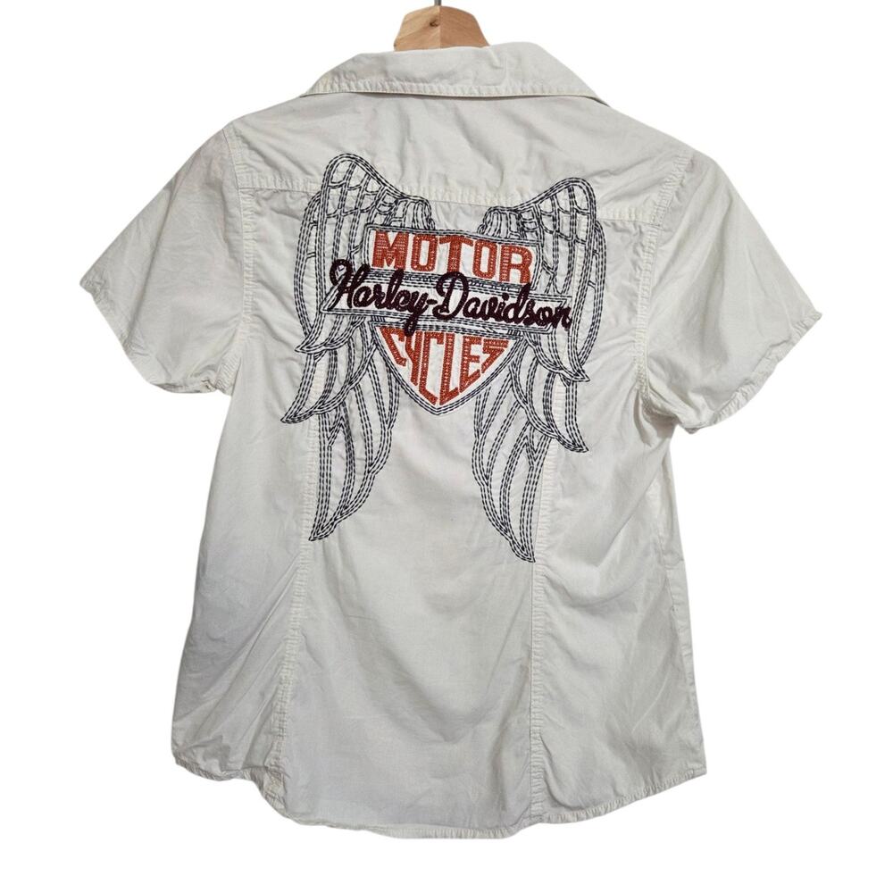 Harley Davidson Fitted Trashed Women's Button Up Embroidered Angel Shirt SMALL